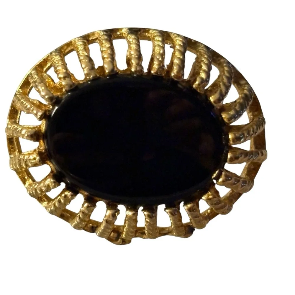Vintage Destino Cufflinks Black Center Gold Tone Oval Open Work Dome‎ Design MCM